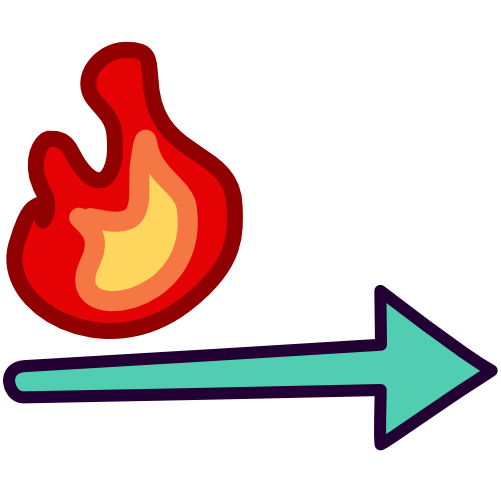 a flame sits at the right side of the image with a teal arrow below it. The arrow starts narrow and widens as it travels to the left. The image has dark line art. 